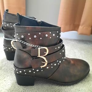 Women's Ankle Boots Multi Buckle Punk Bronze Size 10